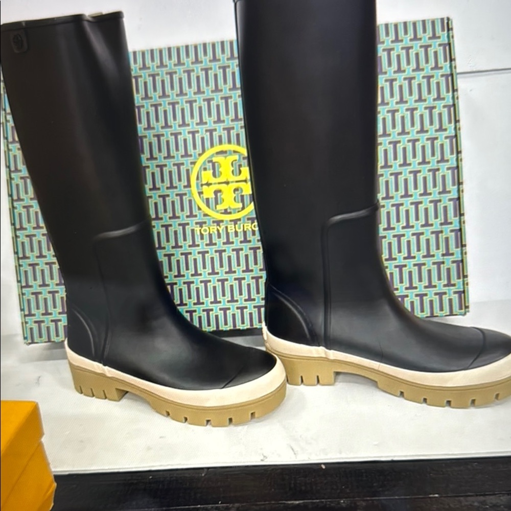 Tory Burch Hurricane Black and Cream Women's rain Boots